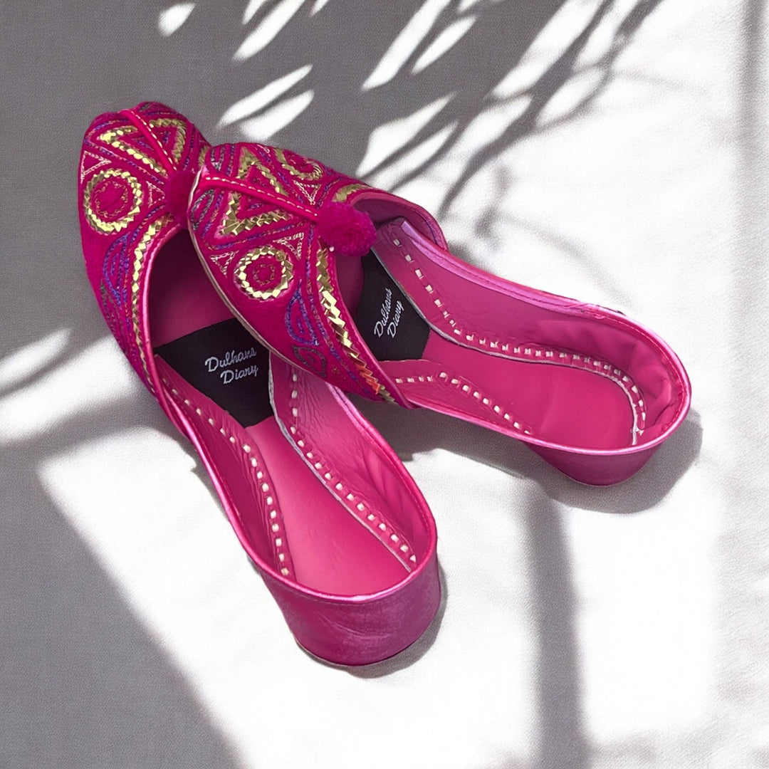 Handmade Fuchsia Khussa Jutti: Embroidered Indian Flat Shoes