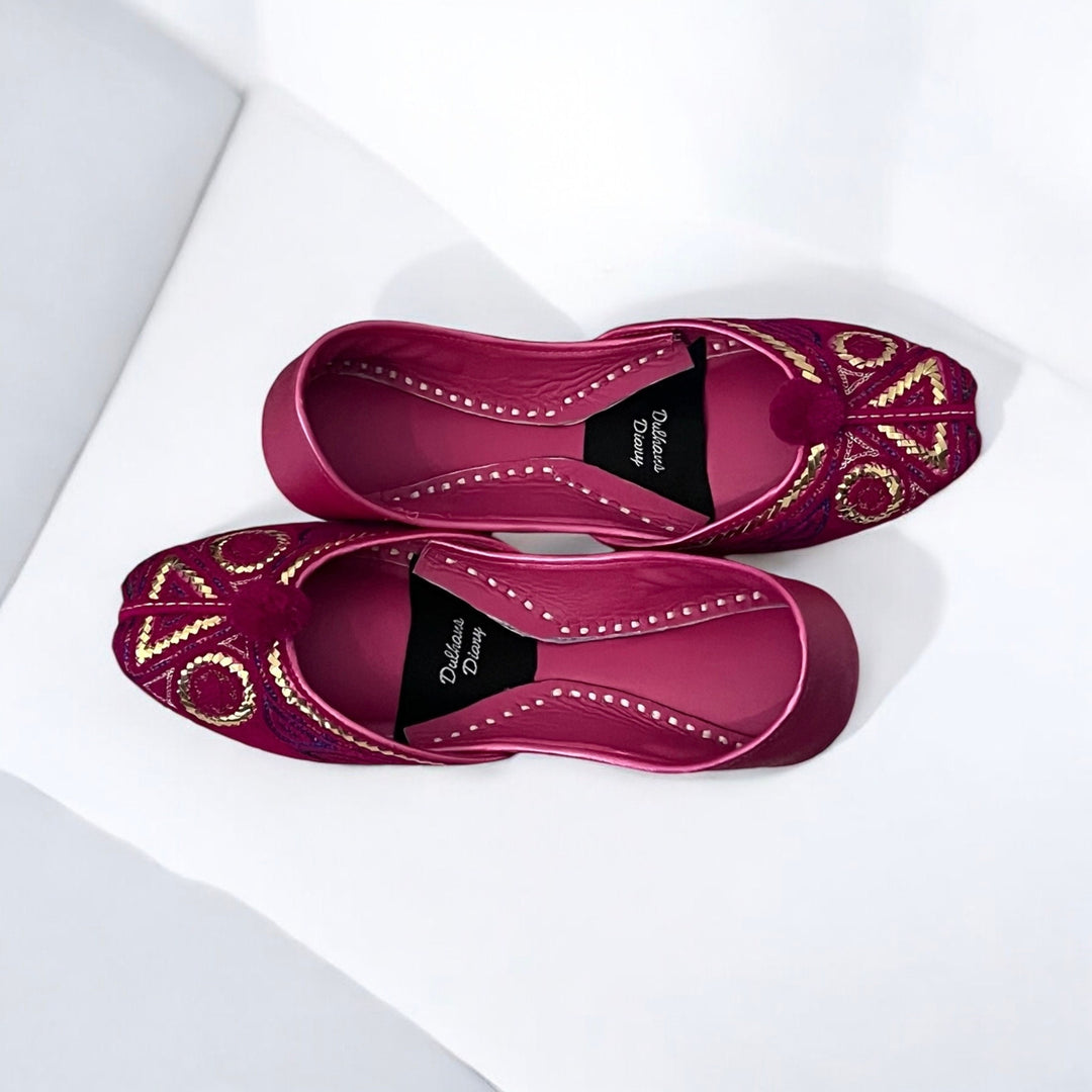 Handmade Fuchsia Khussa Jutti: Embroidered Indian Flat Shoes