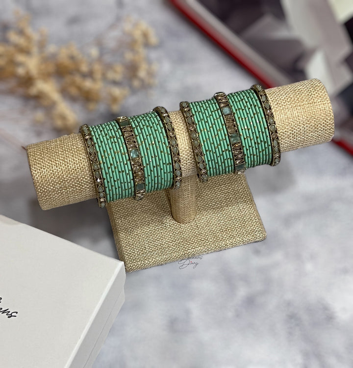 Polki Pastel Bridal Bangle Set: Indian Gold Mint Bangles