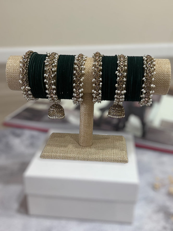 Polki Pearl Velvet Bridal Bangle Set - Indian Gold & Bottle Green