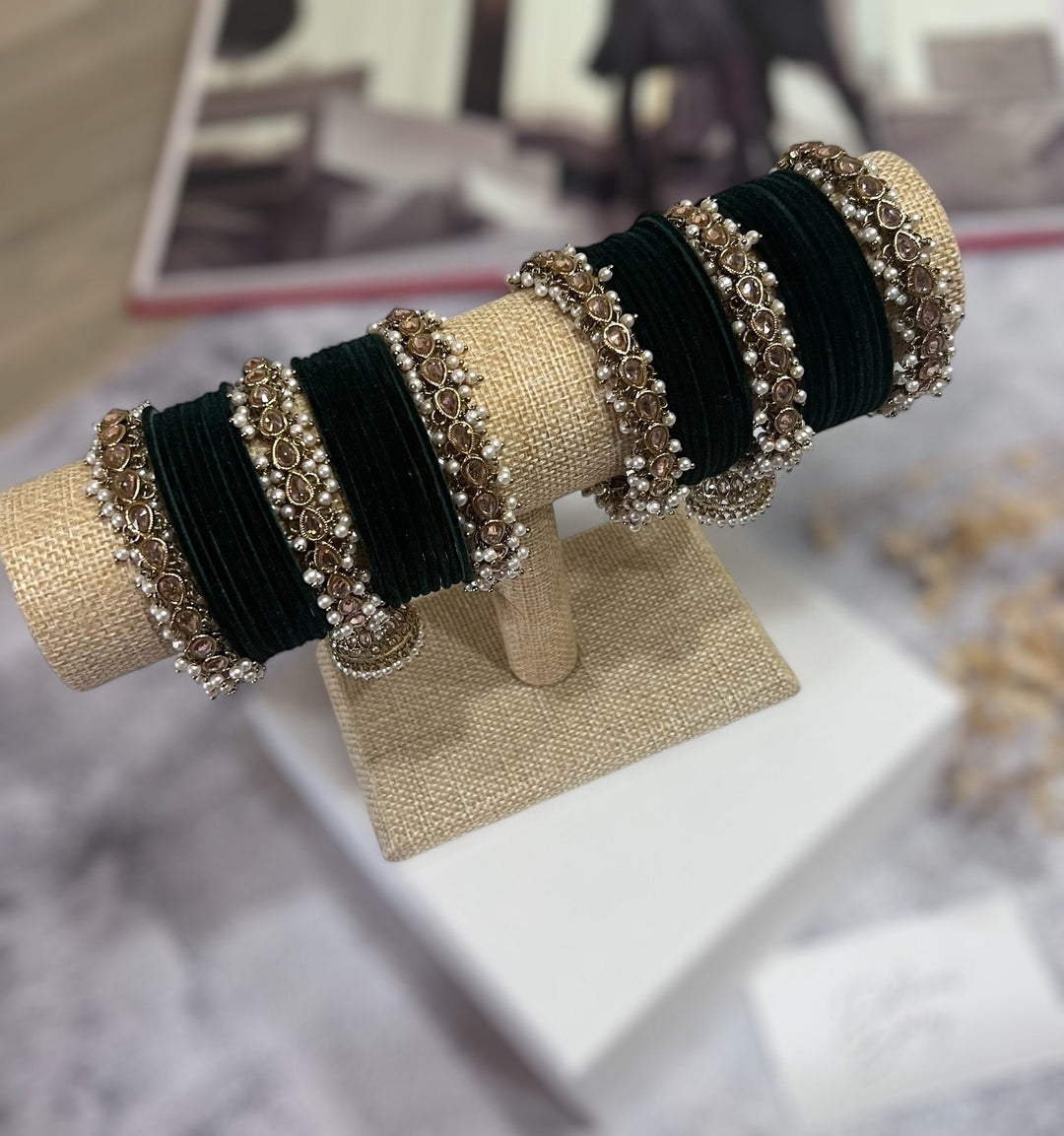 Polki Pearl Velvet Bridal Bangle Set - Indian Gold & Bottle Green