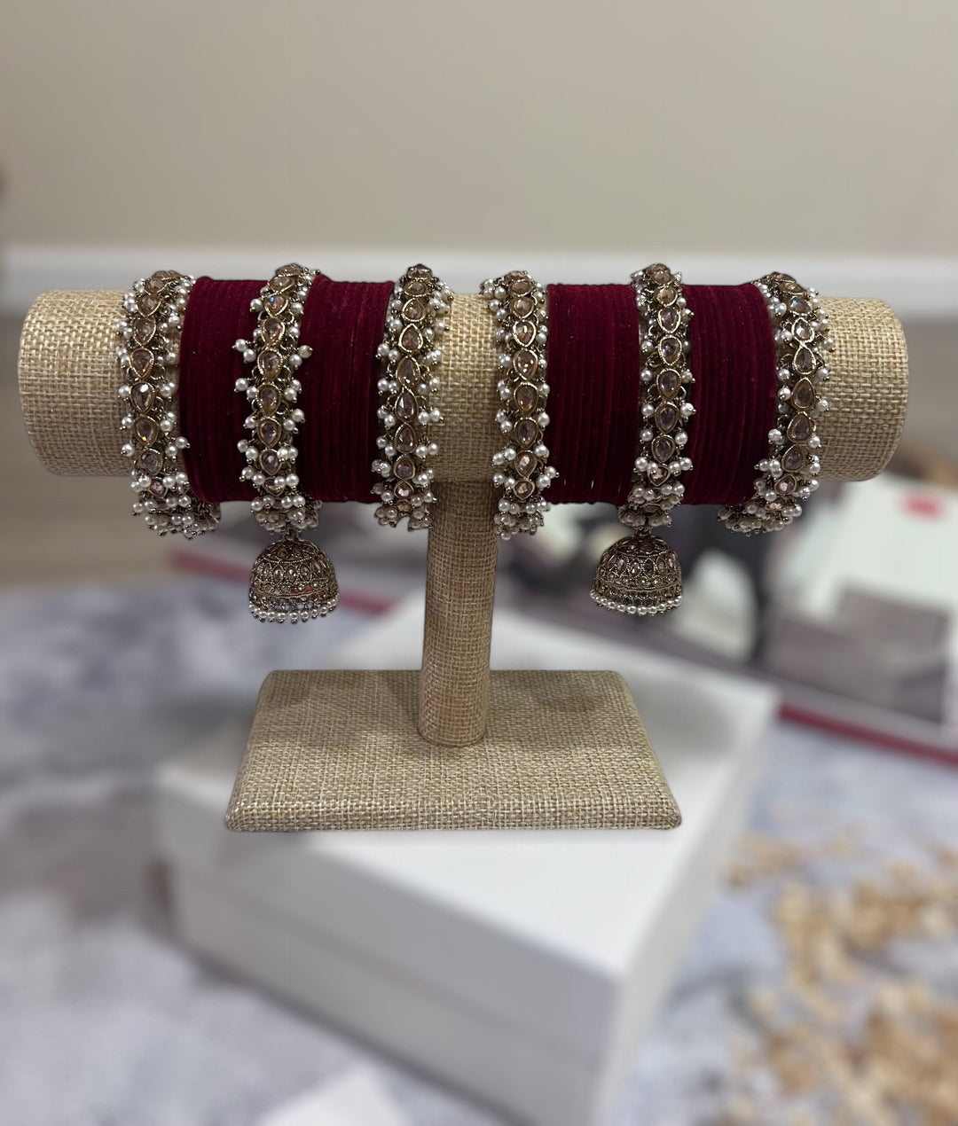 Polki Pearl Maroon Velvet Bridal Bangle Set with Jhumka