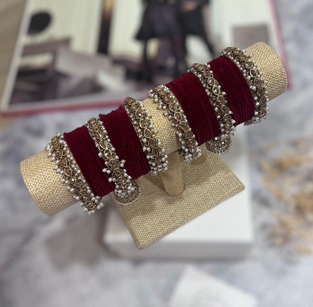 Polki Pearl Maroon Velvet Bridal Bangle Set with Jhumka