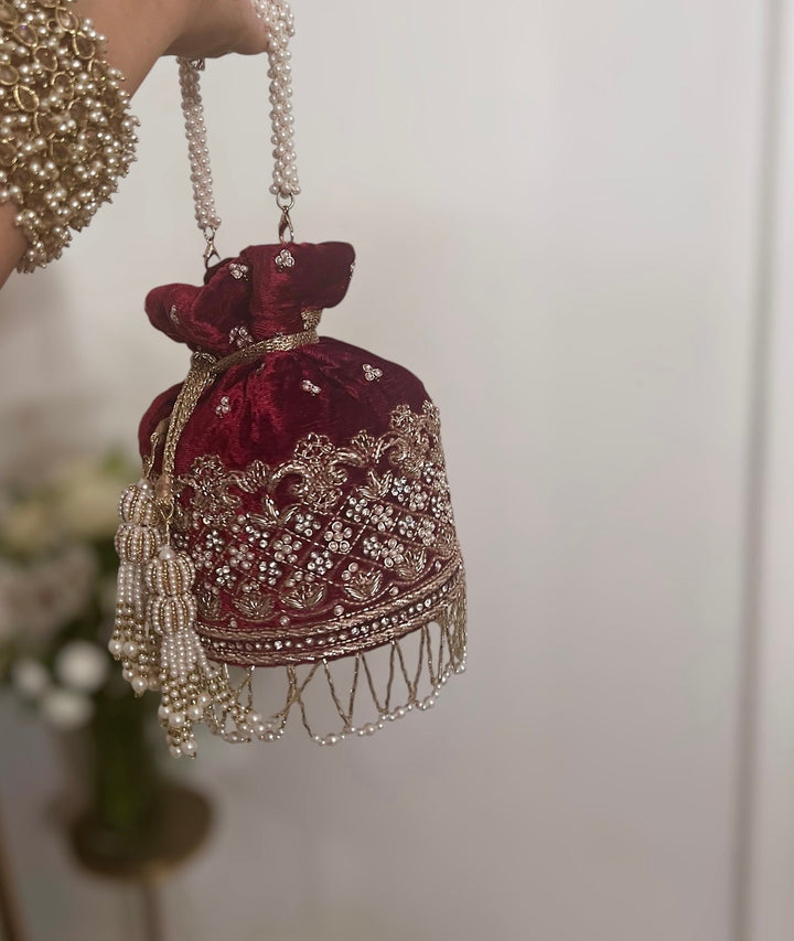 Deep Red Maroon Velvet Bridal Potli Bag: Indian Wedding Handbag