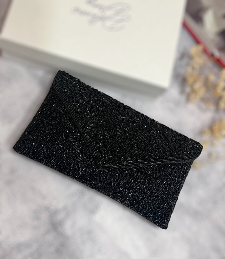 Handmade Beaded Clutch: Black Evening Envelope Clutch