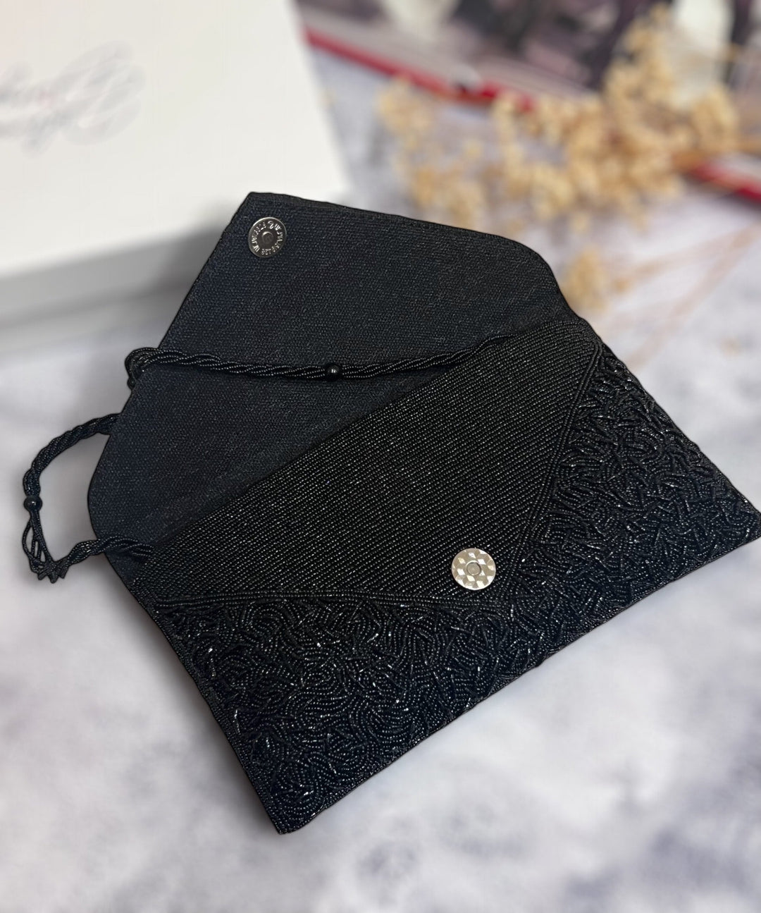 Handmade Beaded Clutch: Black Evening Envelope Clutch