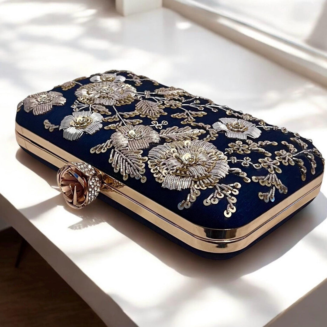 Zardozi Embroidered Midnight Blue Clutch: Handmade Indian Wedding Bag With Dual Tone Embroidery