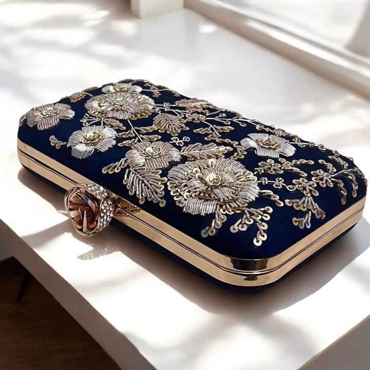 Zardozi Embroidered Midnight Blue Clutch: Handmade Indian Wedding Bag With Dual Tone Embroidery