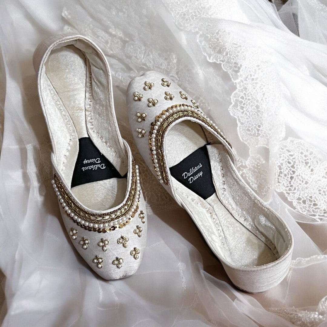 Ivory Velvet Bridal Khussa Jutti: Handmade Pakistani Wedding Shoes