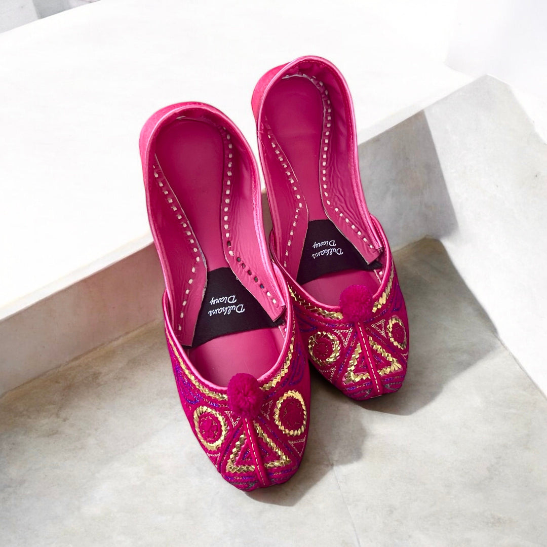 Handmade Fuchsia Khussa Jutti: Embroidered Indian Flat Shoes