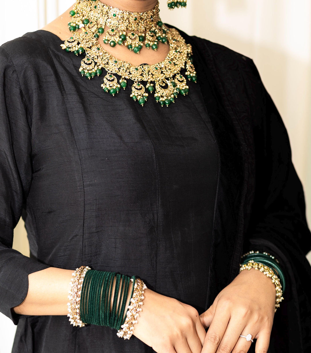 Polki Pearl Velvet Bridal Bangle Set - Indian Gold & Bottle Green