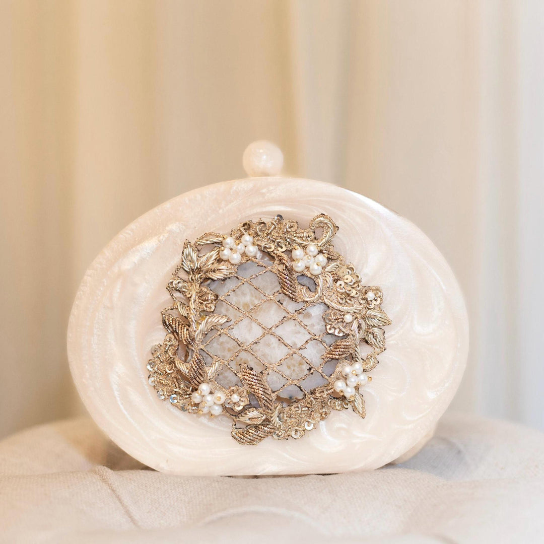 Ivory Bridal Clutch: Hand Embroidered Resin Wedding Clutch