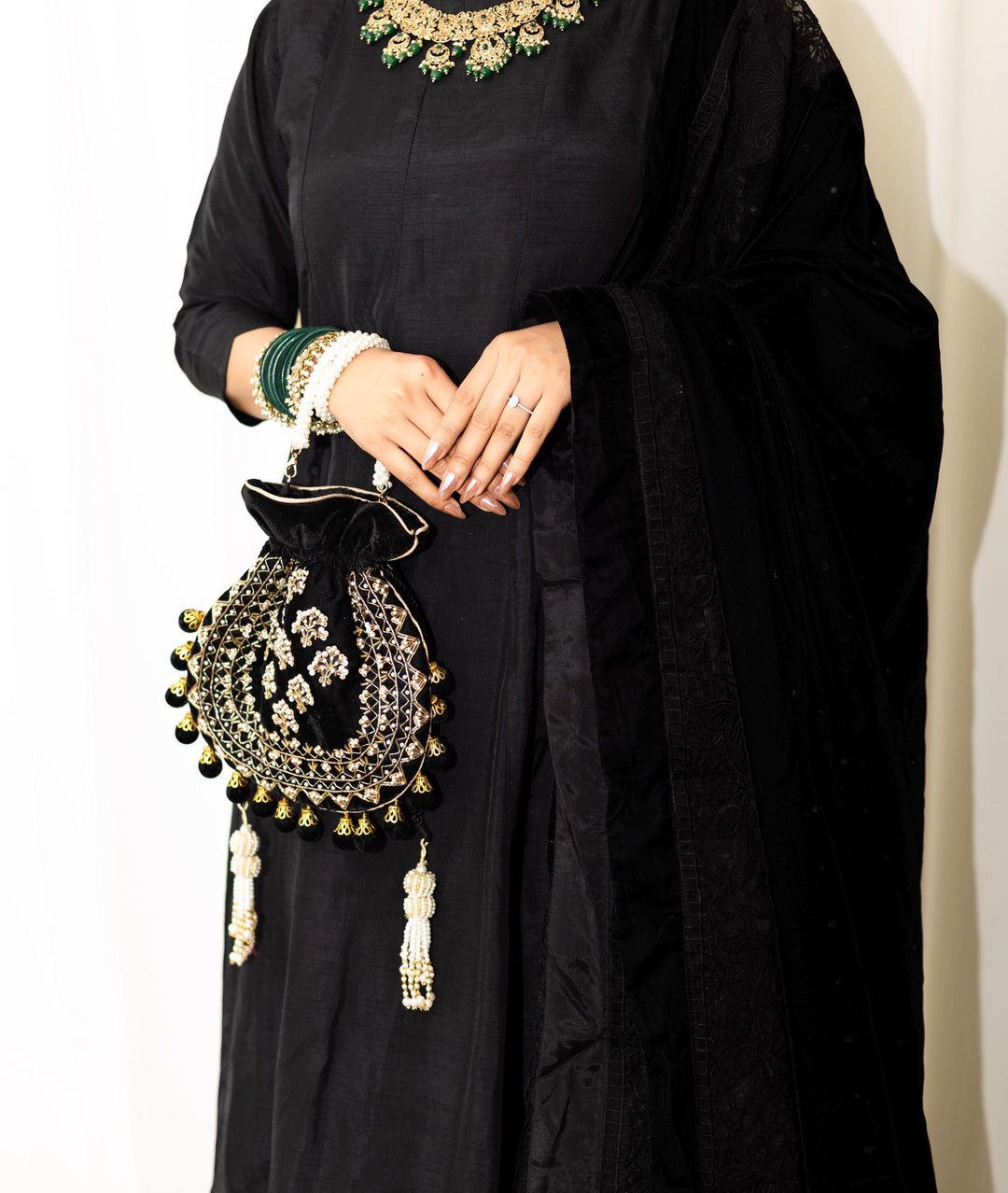 Indian Bridal Necklace Set: Gold Plated Kundan Jewelry, Green Crystal Embellishments