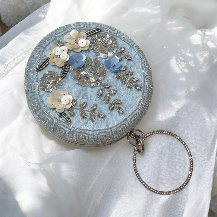 Powder Blue Bridal Clutch: Handmade Beaded Floral Velvet Evening Bag