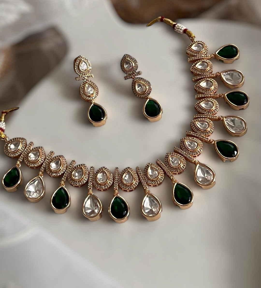Indian Kundan Necklace Set: Emerald & Crystal Bridal Jewelry