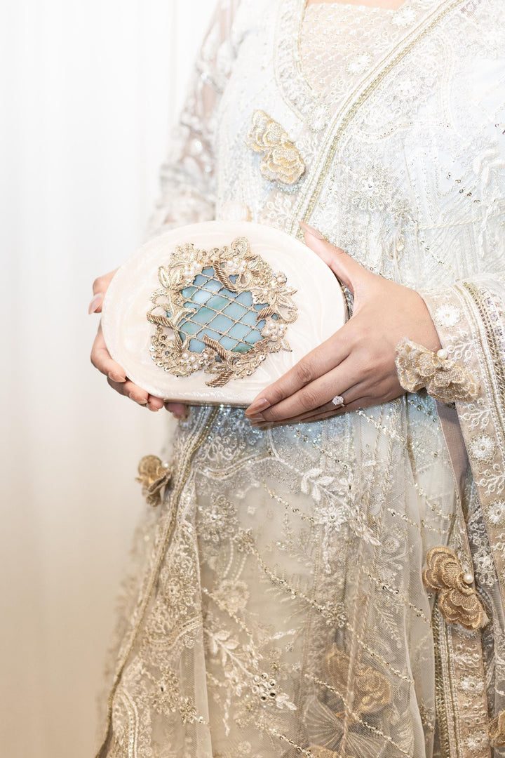 Hand Embroidered Resin Bridal Clutch: Emerald Green & Ivory Evening Bag