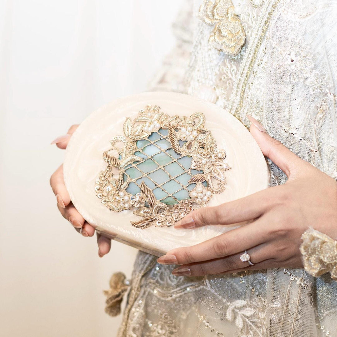 Hand Embroidered Resin Bridal Clutch: Emerald Green & Ivory Evening Bag