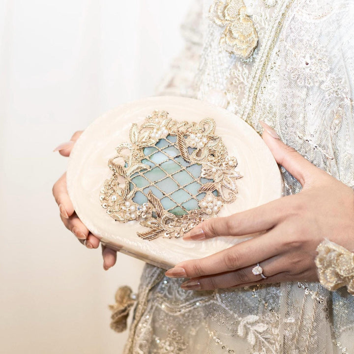 Hand Embroidered Resin Bridal Clutch: Emerald Green & Ivory Evening Bag