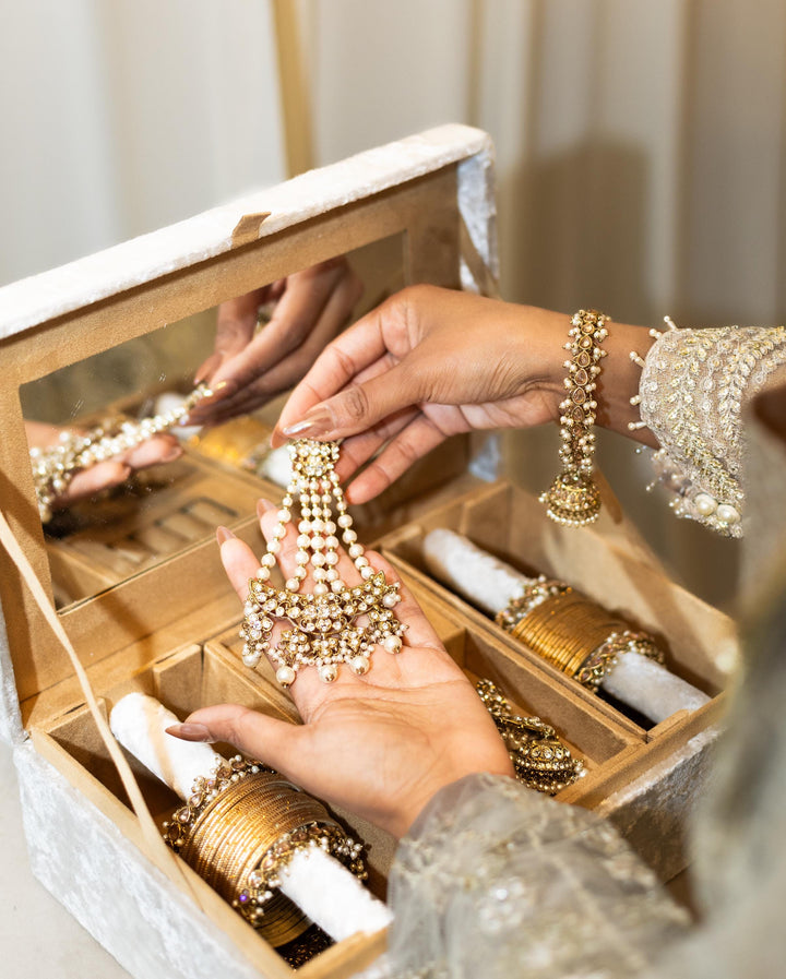 Handmade White Velvet Trousseau Box: Bridal Keepsake with Zardozi Embroidery