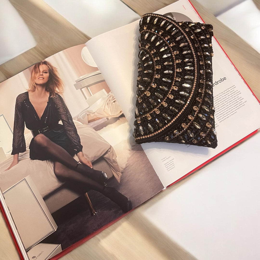 Black Crystal Evening Clutch: Handmade Beaded Wristlet Bridal Bag