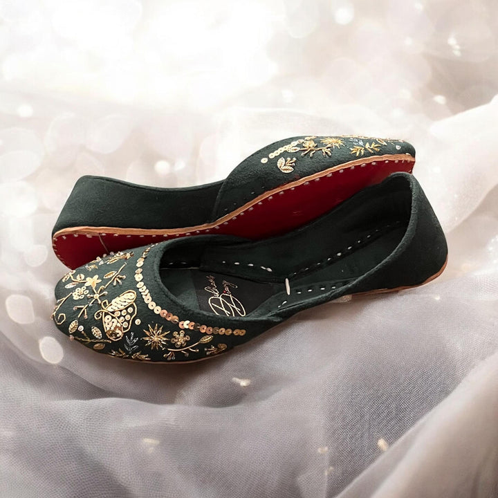 Handmade Bottle Green Khussa Juttis: Pakistani Bridal Flat Shoes