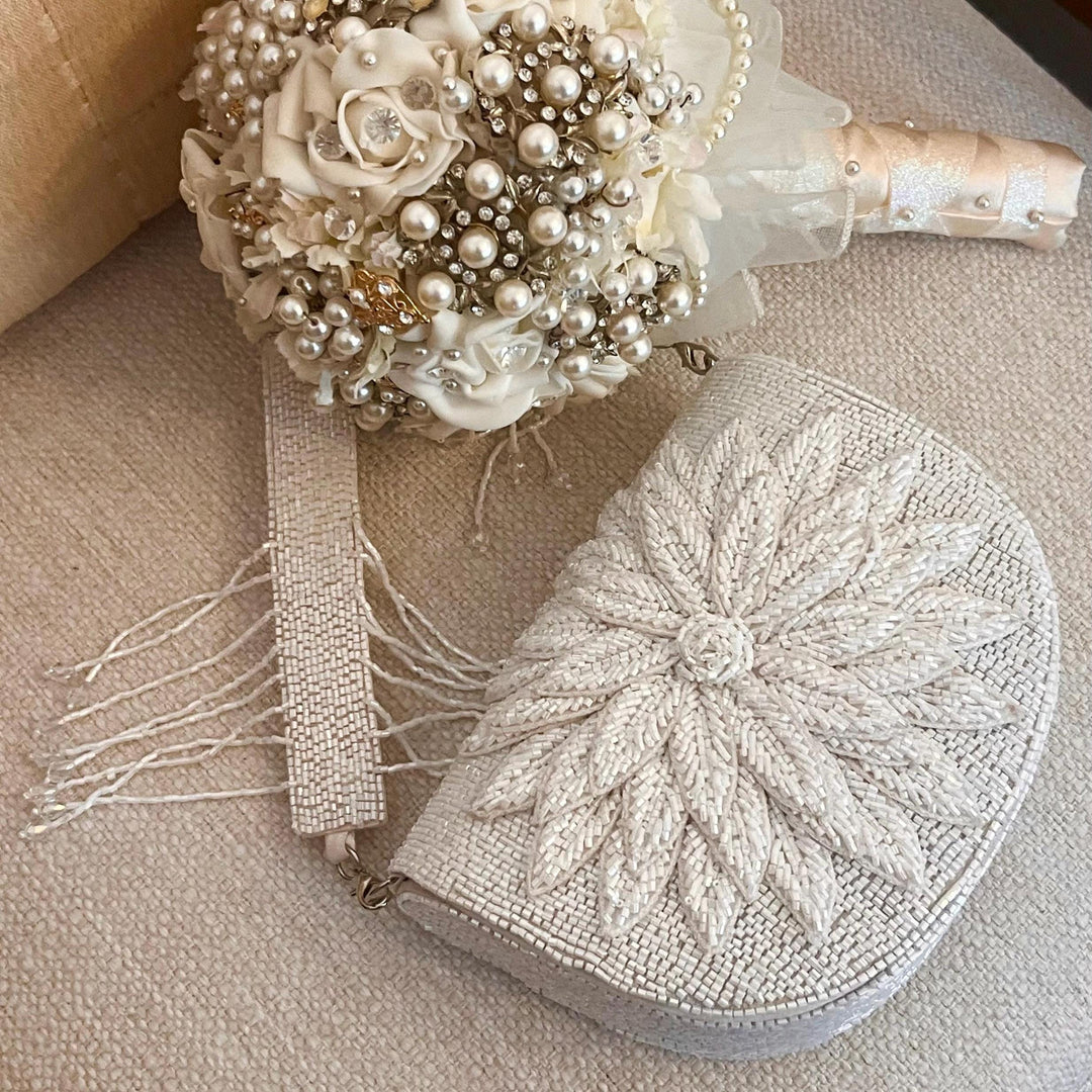 White Beaded Bridal Clutch: 3D Flower Wedding Purse