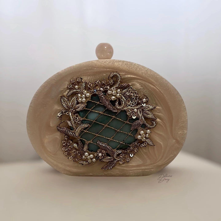 Hand Embroidered Resin Bridal Clutch: Emerald Green & Ivory Evening Bag