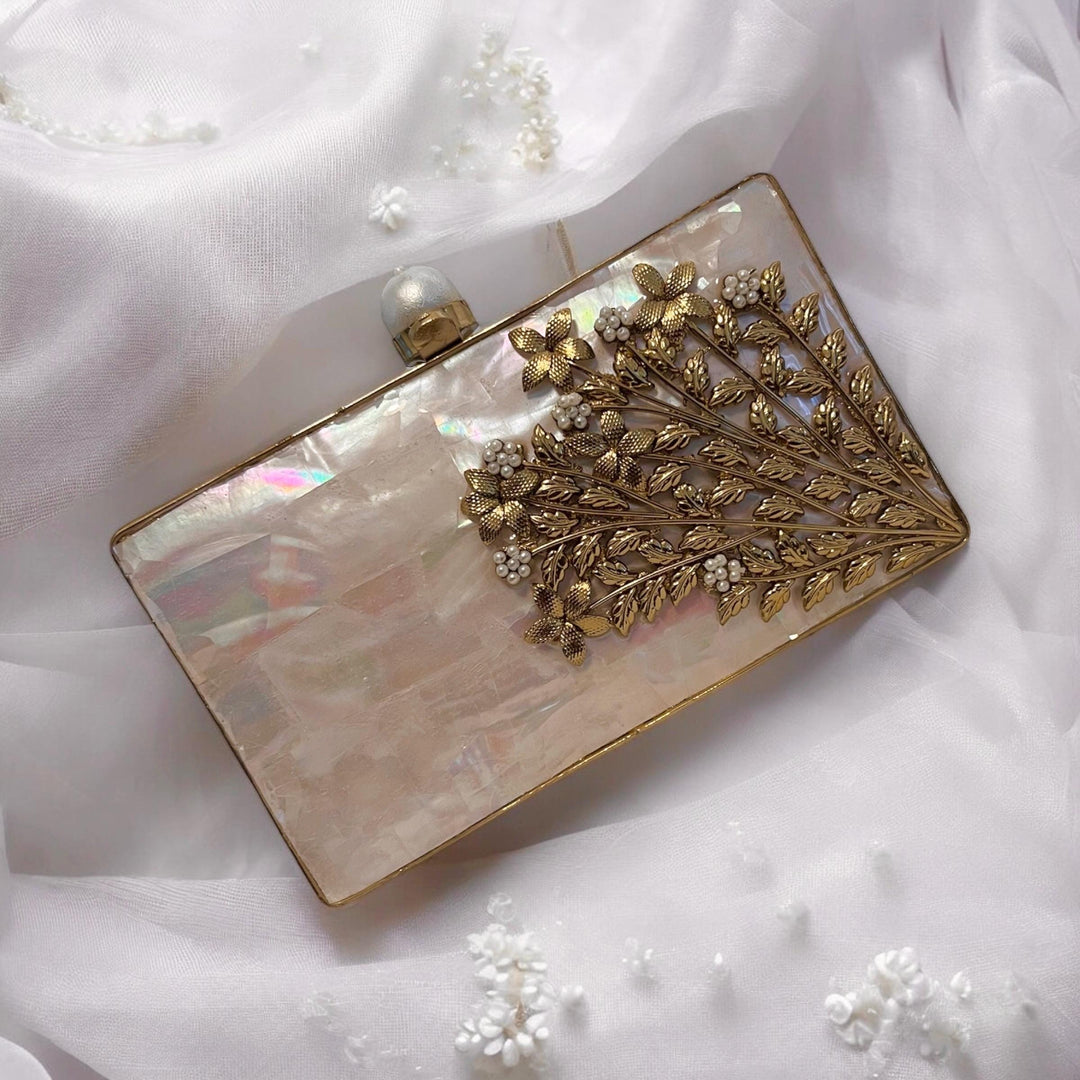 Bridal Pearl Clutch: Gold Floral Wedding Wristlet