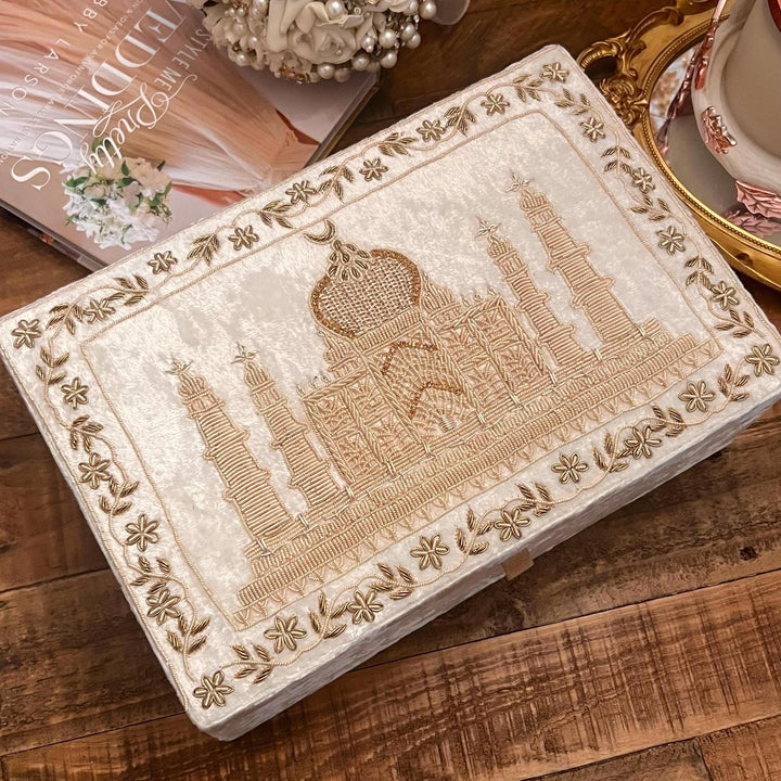 Taj Mahal Inspired Bridal Keepsake Box: Gold Zardozi Embroidered Velvet Jewelry Storage