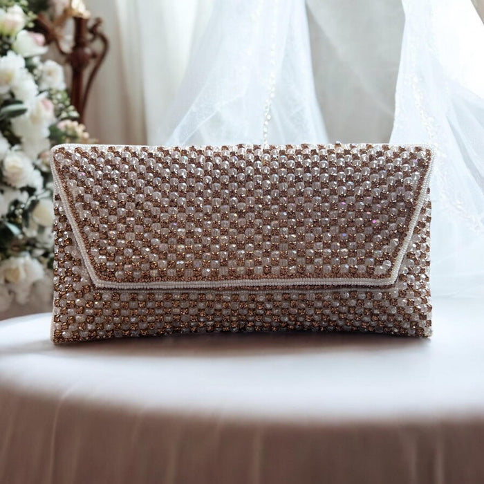 Ivory Beaded Bridal Clutch: Handmade Crystal Evening Purse