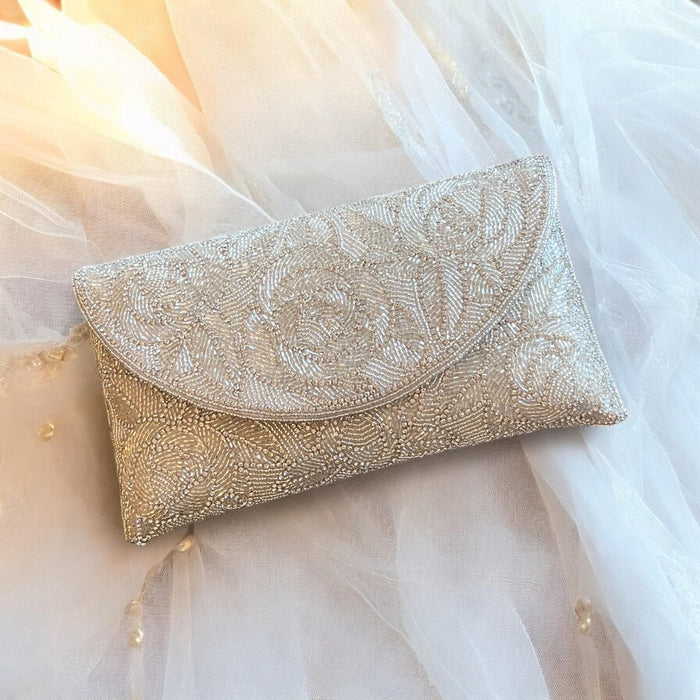 Handmade Beaded Bridal Clutch: Ivory White Evening Purse