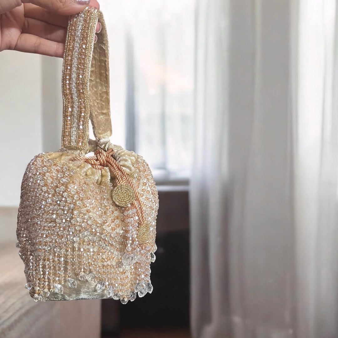Crystal Embellished Champagne Bridal Potli Bag: Handmade Indian Wedding Wristlet