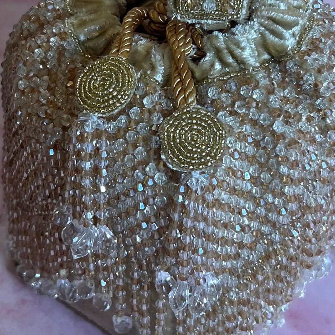 Crystal Embellished Champagne Bridal Potli Bag: Handmade Indian Wedding Wristlet