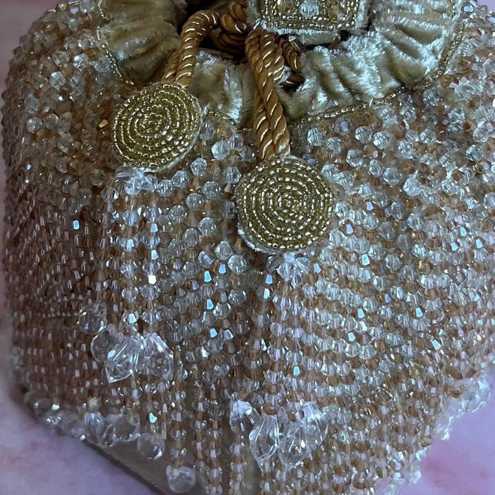 Crystal Embellished Champagne Bridal Potli Bag: Handmade Indian Wedding Wristlet