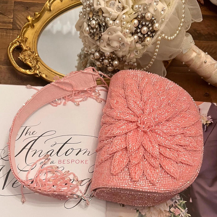 Beaded Pink Bridal Clutch: 3D Cutwork Flower Evening Bag