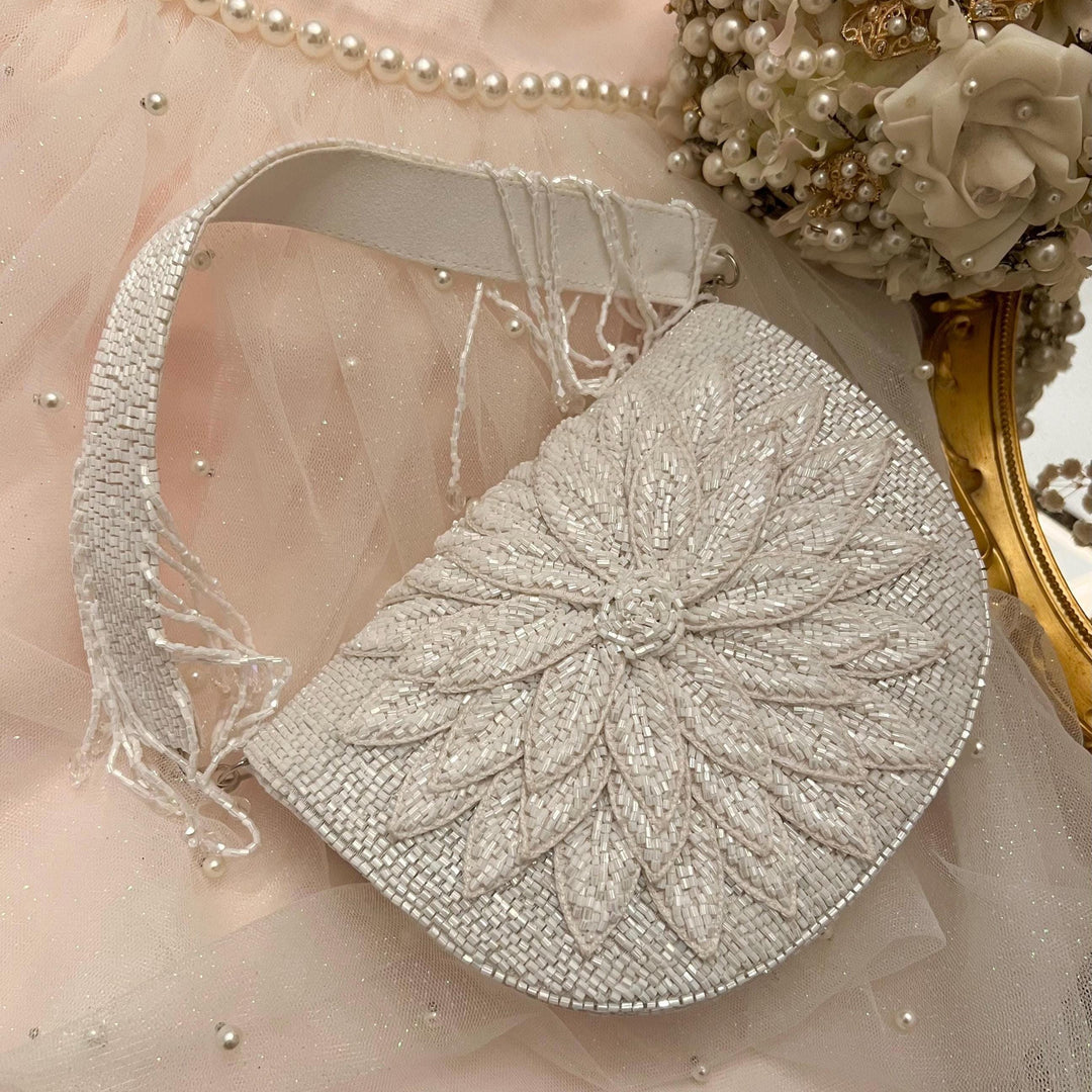 White Beaded Bridal Clutch: 3D Flower Wedding Purse