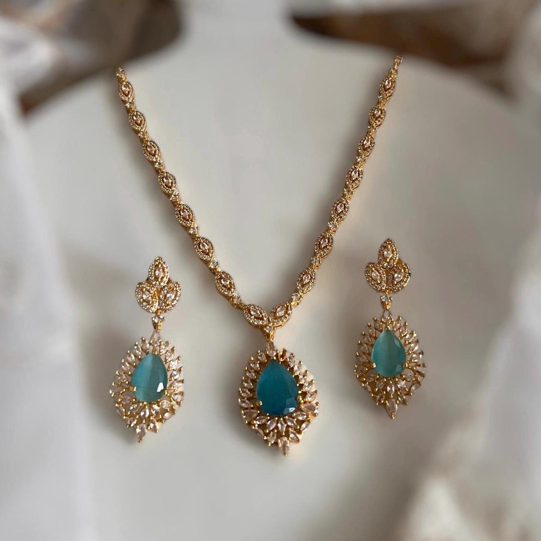 Cubic Zirconia Necklace Set: Silver Sage Green AD Jewelry