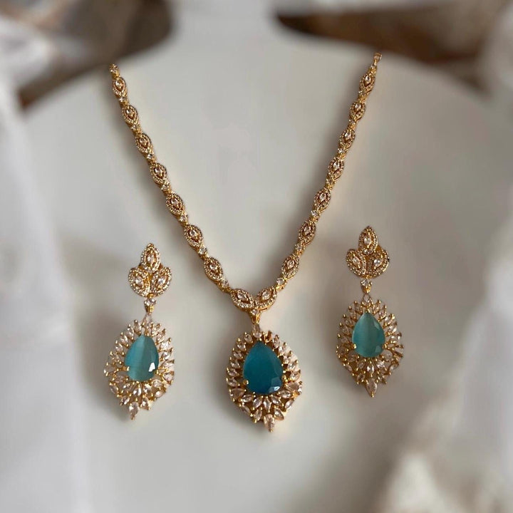 Cubic Zirconia Necklace Set: Silver Sage Green AD Jewelry