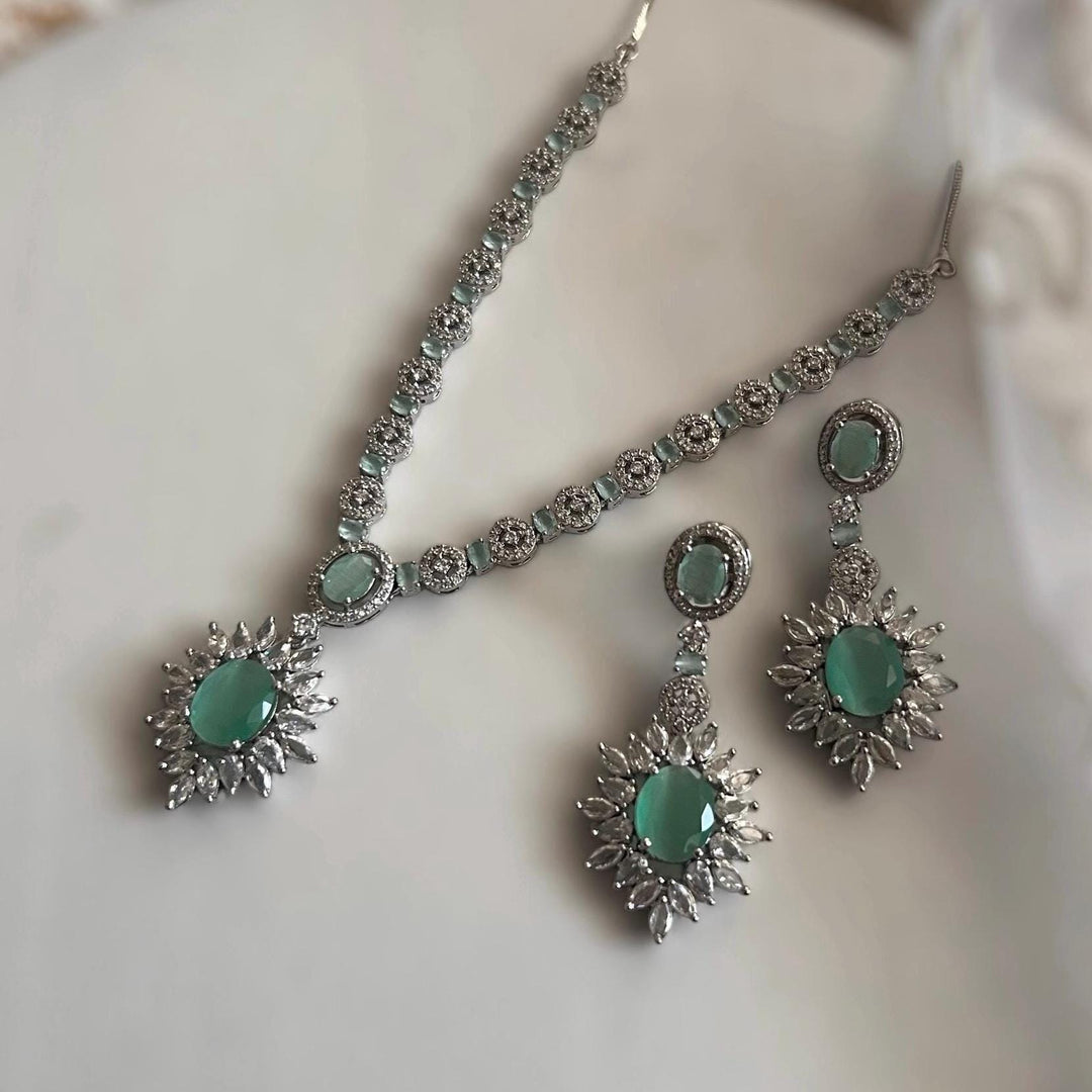 Cubic Zirconia Necklace Set: Silver Sage Green AD Jewelry