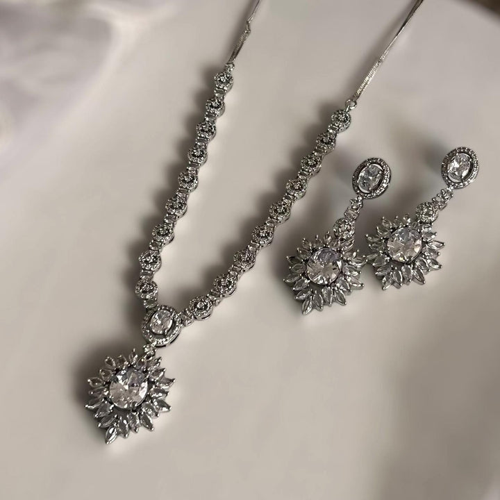 Cubic Zirconia Necklace Set: Silver Sage Green AD Jewelry