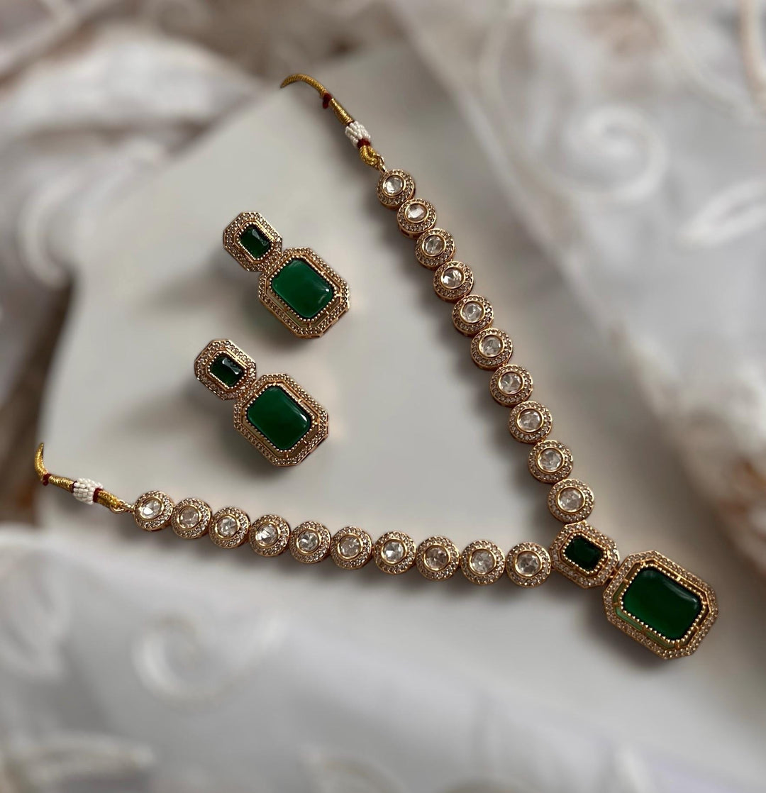 Kundan Necklace Set: Emerald Green Indian Jewelry