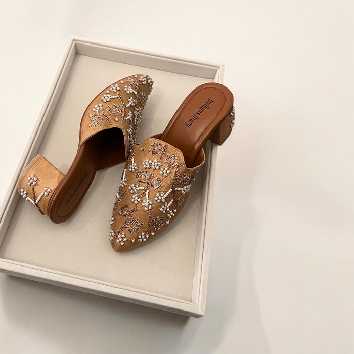 Handmade Gold Bridal Mules: Beaded Wedding Shoes