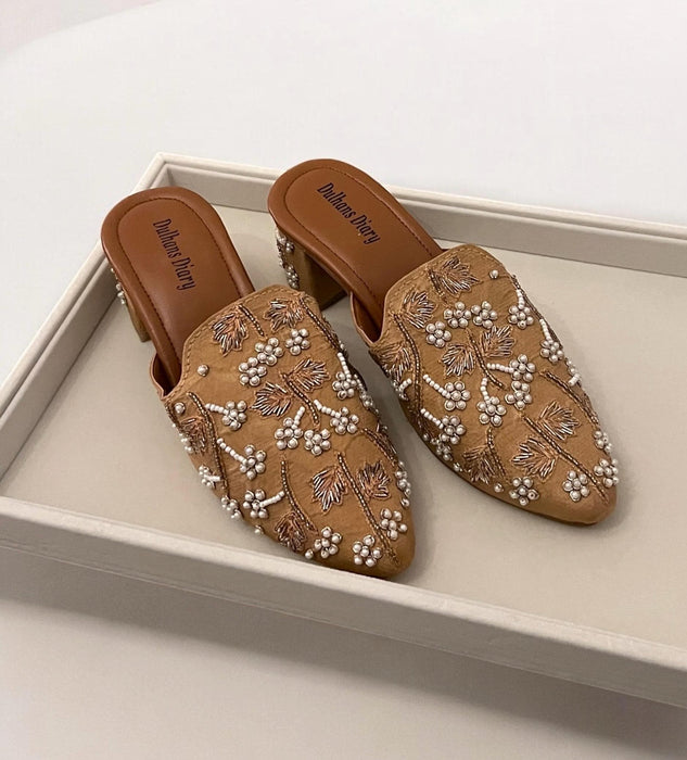 Handmade Gold Bridal Mules: Beaded Wedding Shoes