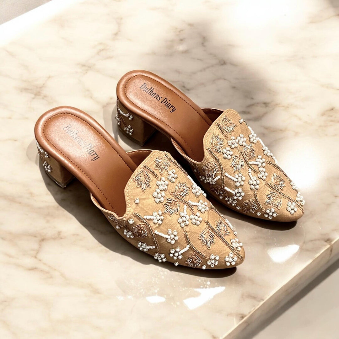 Handmade Gold Bridal Mules: Pakistani Beaded Wedding Shoes