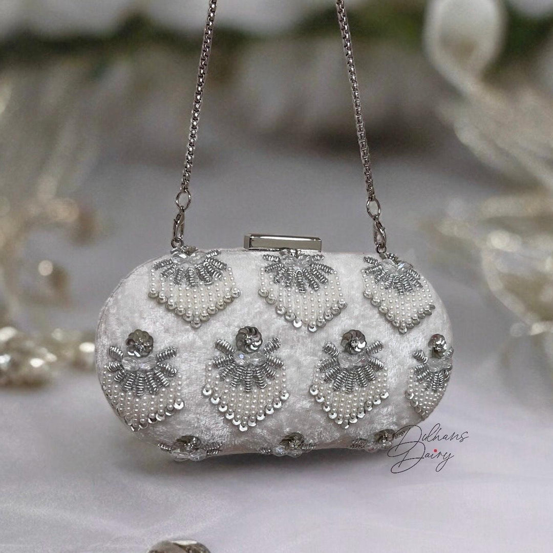 White Beaded Velvet Clutch: Bridal Purse with Crystal Embellishments