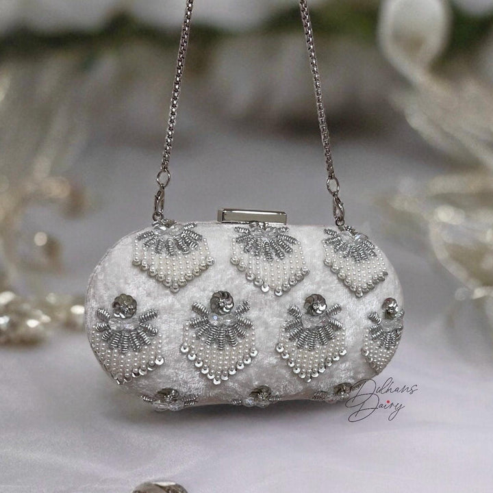 White Beaded Velvet Clutch: Bridal Purse with Crystal Embellishments