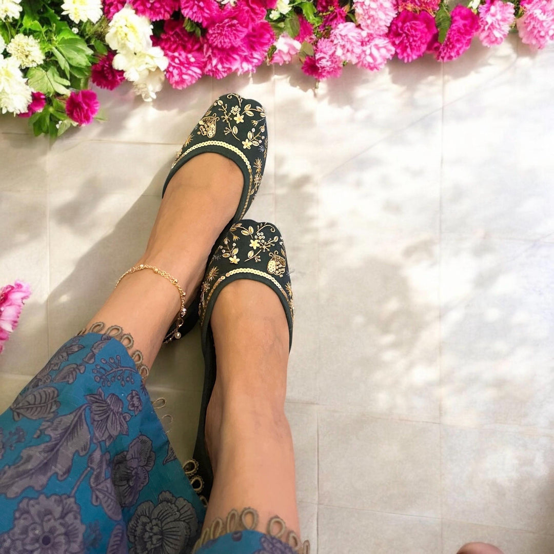 Handmade Bottle Green Khussa Juttis: Pakistani Bridal Flat Shoes