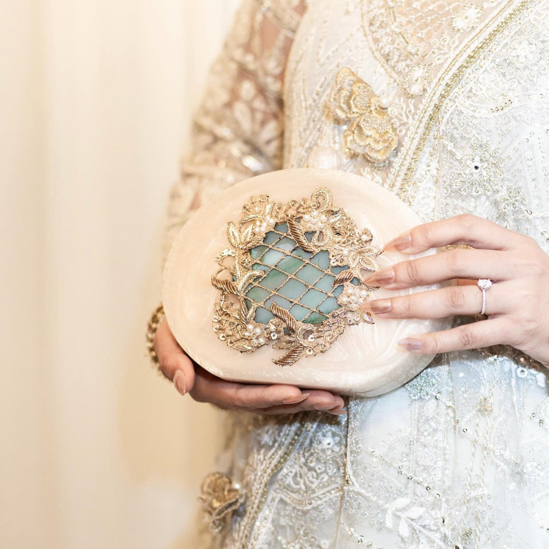 Hand Embroidered Resin Bridal Clutch: Emerald Green & Ivory Evening Bag