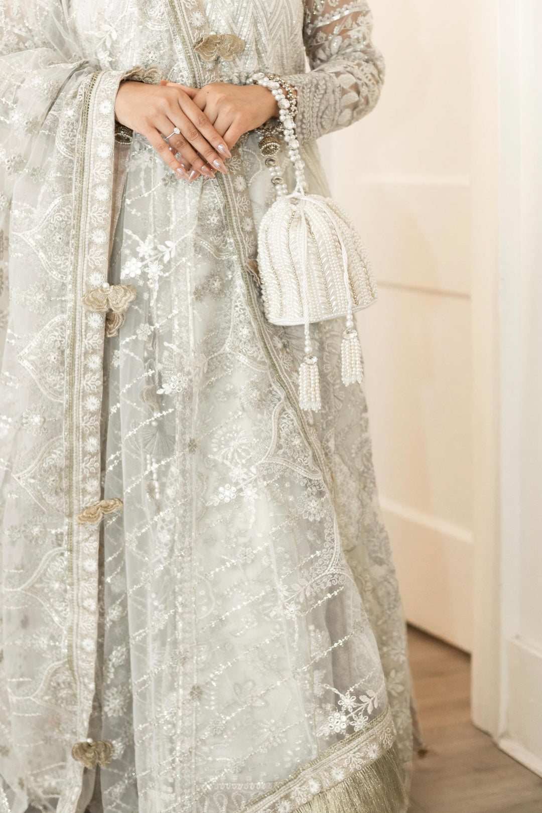 Ivory Beaded Bridal Potli Bag: Handmade Raw Silk Wedding Clutch