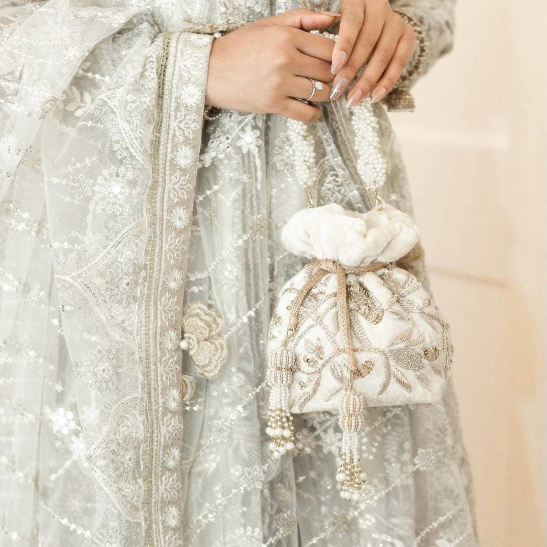 Ivory Velvet Bridal Potli Bag: Handmade Zardozi Beaded Purse